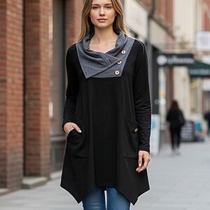 Bulotus Black Tunic Top Asymetrical Hem Business Casual Slouchy Pocket /M